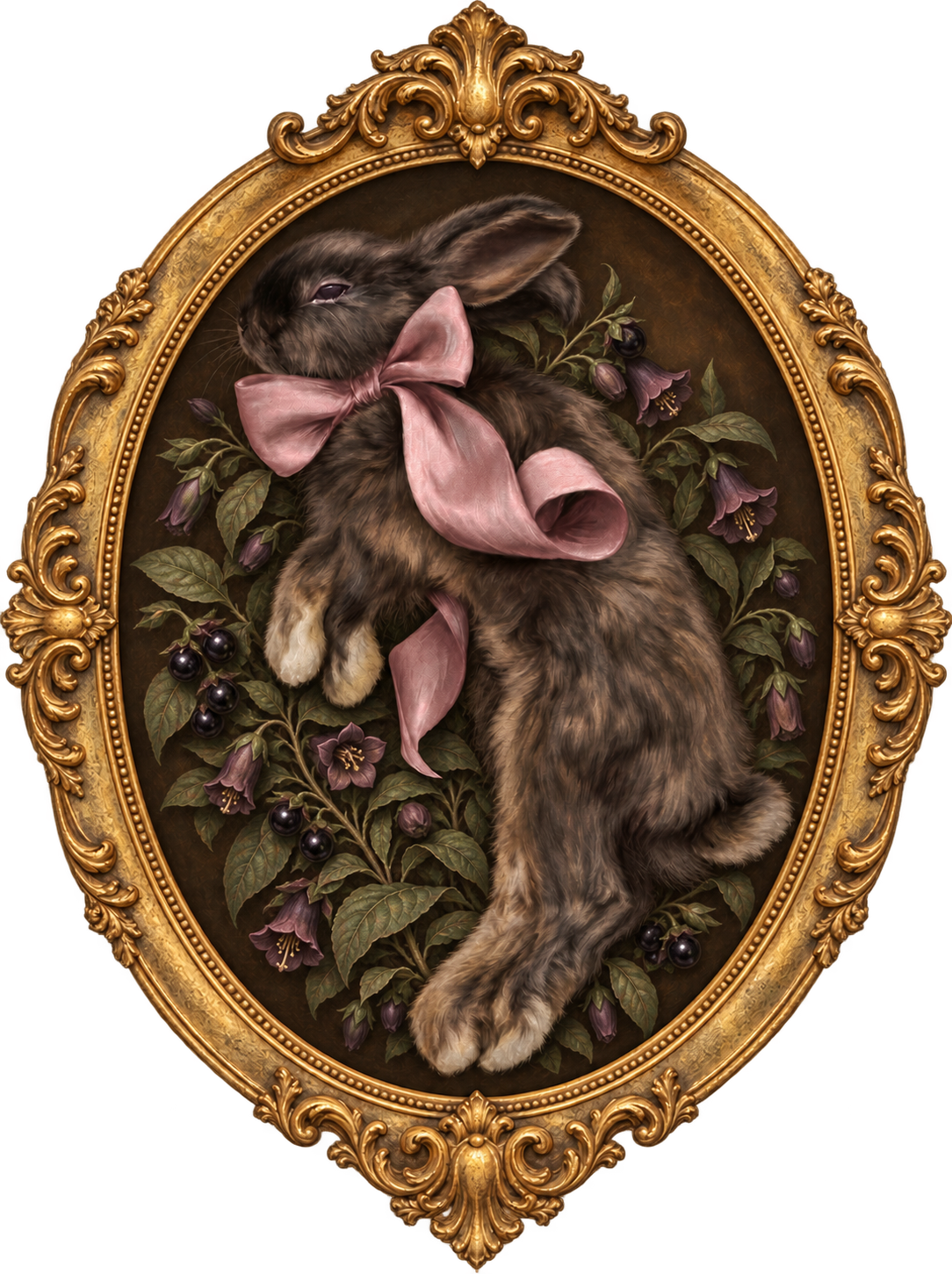 A ribbon-wearing rabbit in an ornate golden frame